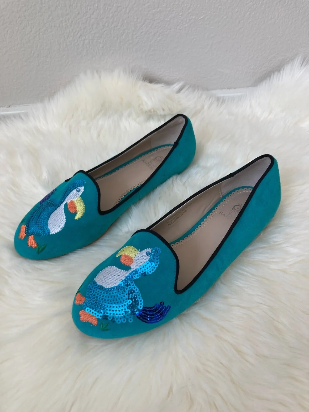 Rara Avis by Iris Apfel Turquoise Suede Pelican Sequin Flats Loafer Dodo bird 8